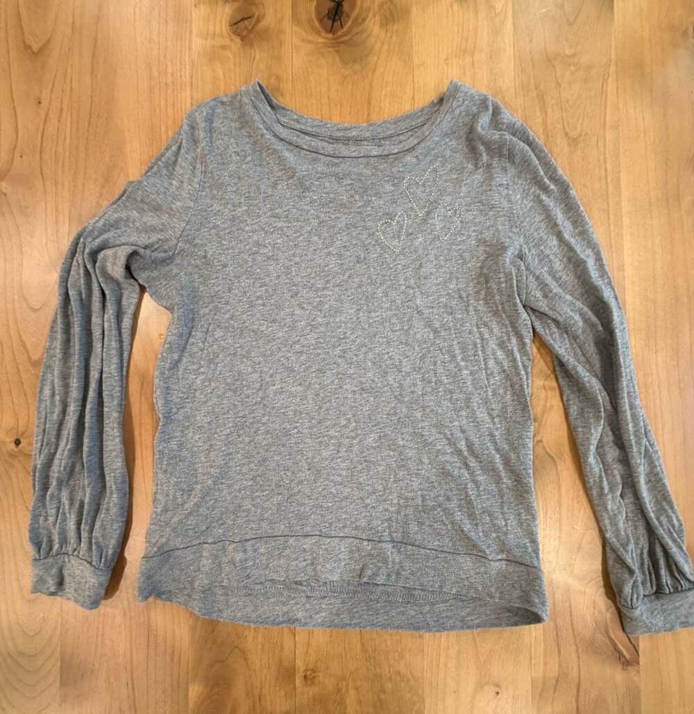 LOFT Gray Long Sleeve Top with Embroidered Silver Hearts Size Medium